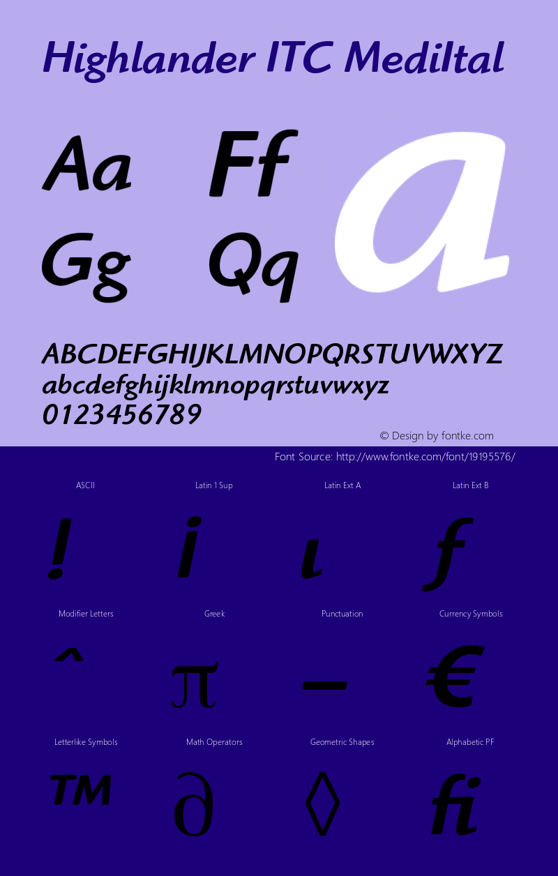 Highlander ITC Medium Italic Version 005.000 Font Sample