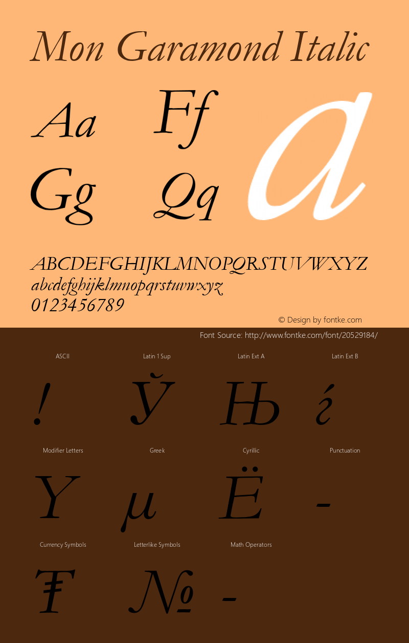 Mon Garamond Italic Version 1.00 Font Sample