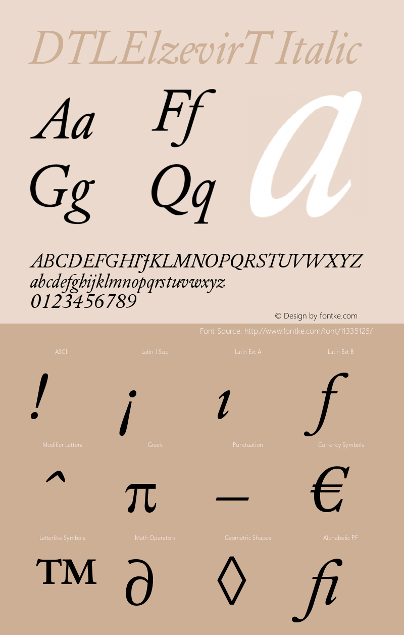 DTLElzevirT Italic Version 001.000 Font Sample