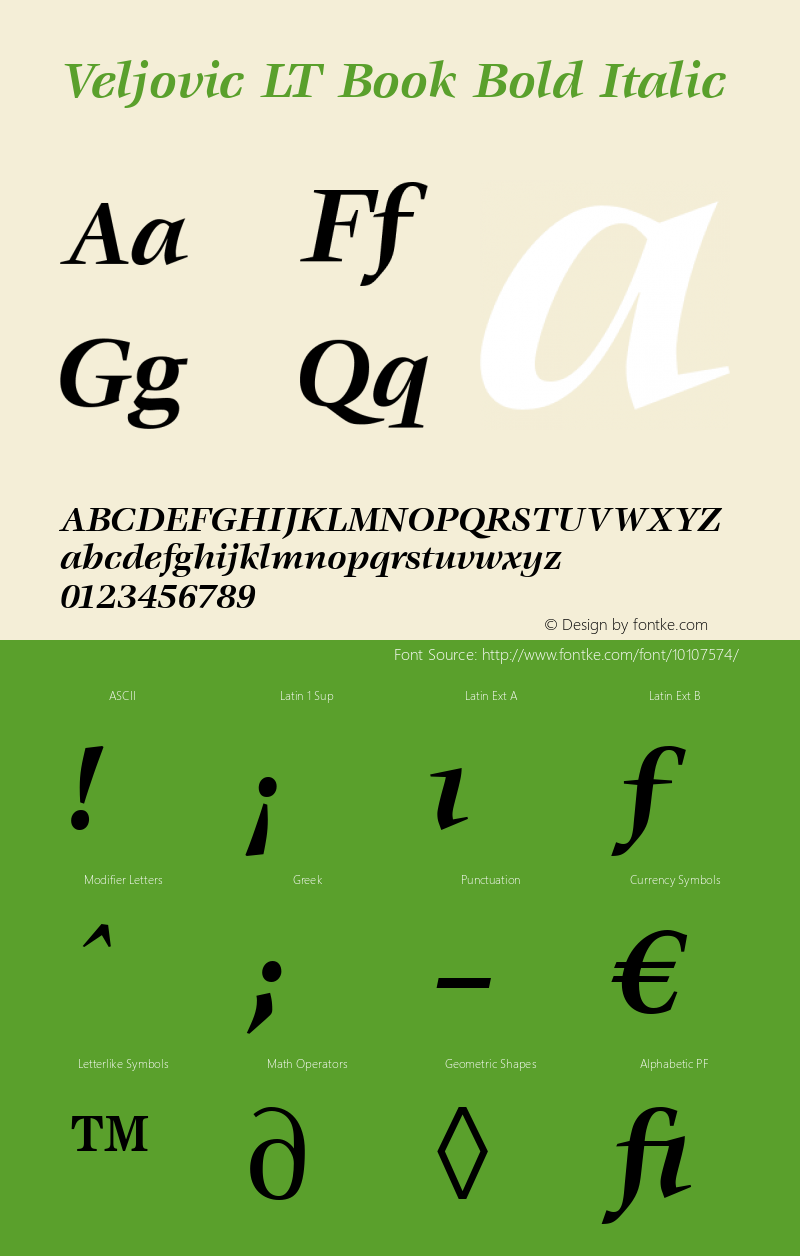 Veljovic LT Book Bold Italic Version 6.1; 2002 Font Sample