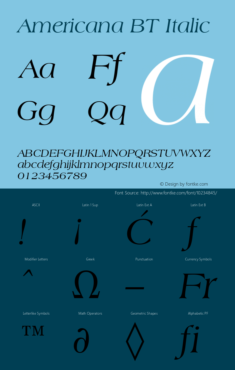 Americana BT Italic Version 1.01 emb4-OT Font Sample