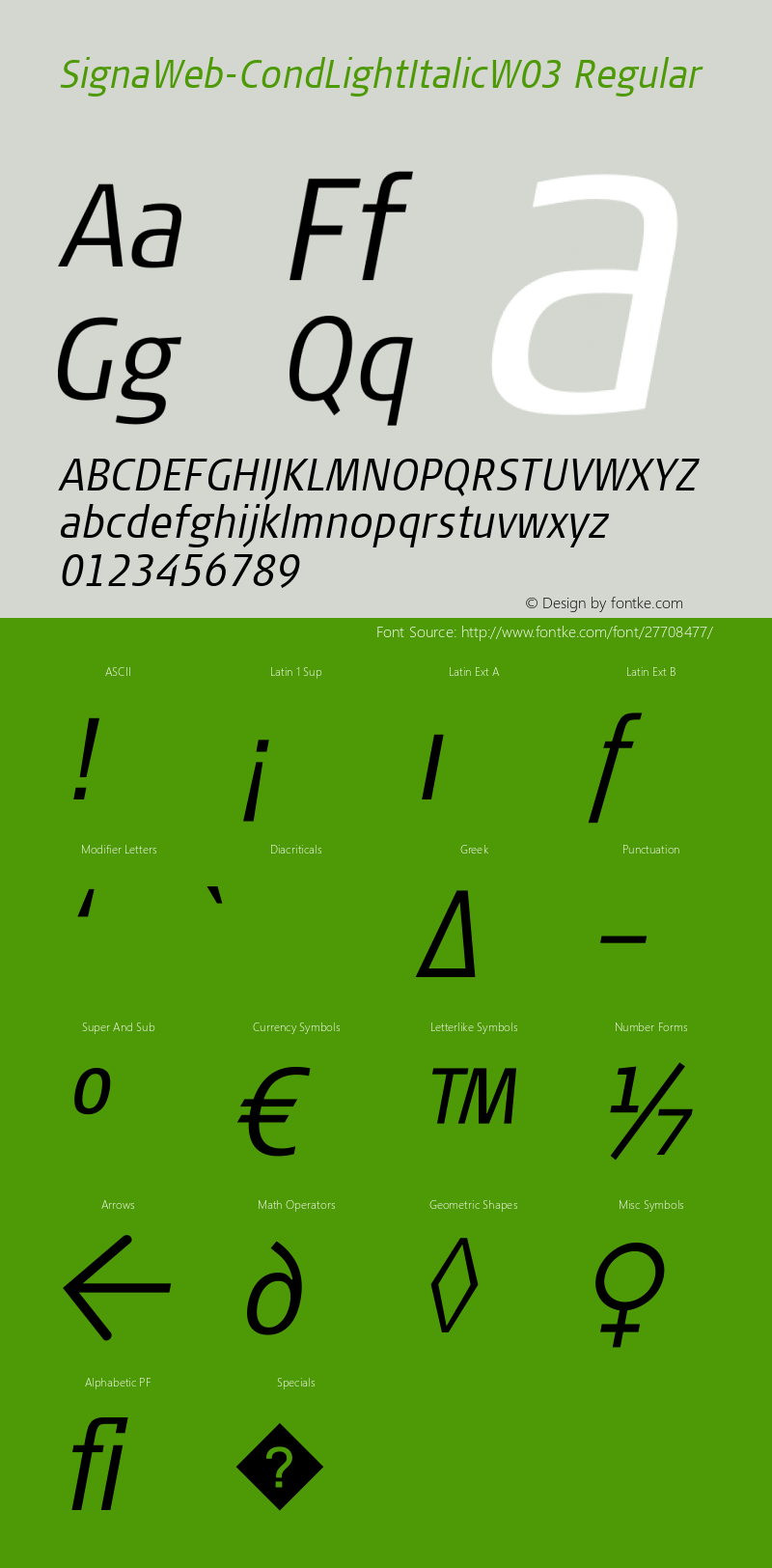 SignaWeb-CondLightItalic W03 Rg Version 7.504 Font Sample