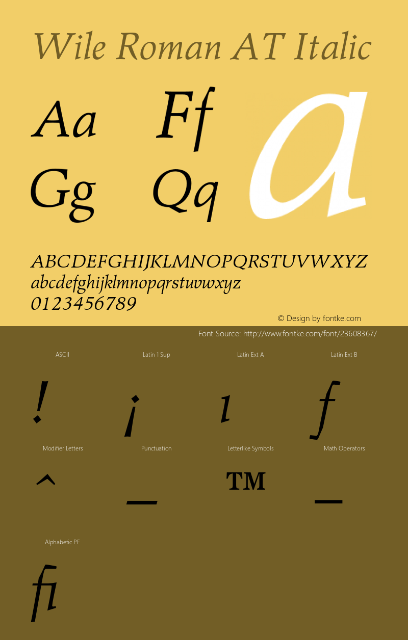 Wile Roman AT Italic Version 1.100;PS 001.001;Core 1.0.38 Font Sample