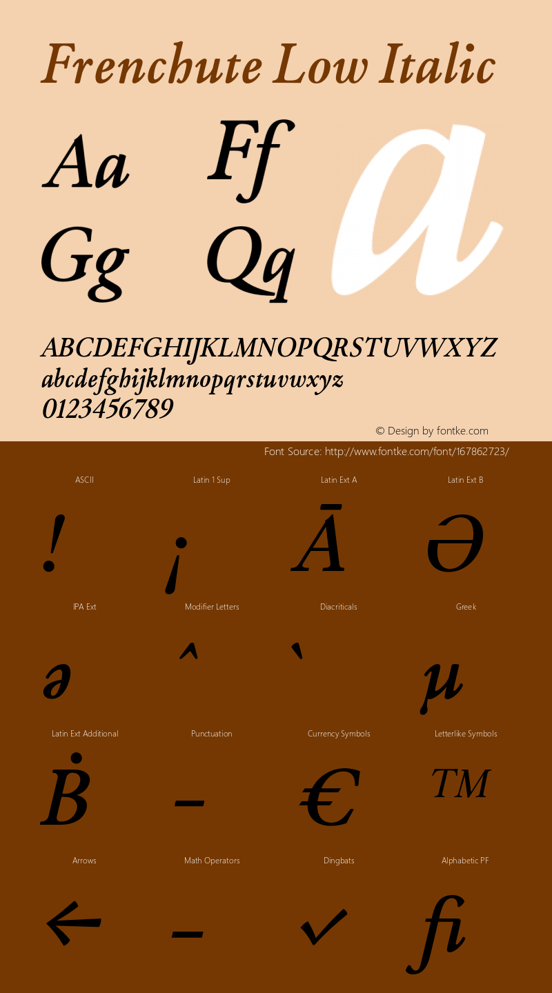 Frenchute Low Regular Italic Version 1.000;hotconv 1.0.109;makeotfexe 2.5.65596图片样张