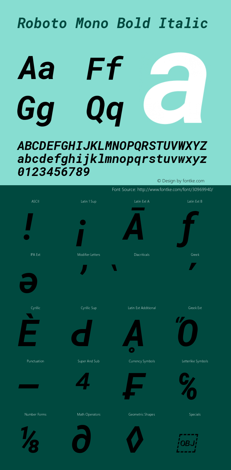 Roboto Mono Bold Italic Version 2.002; 2015; ttfautohint (v1.3) Font Sample