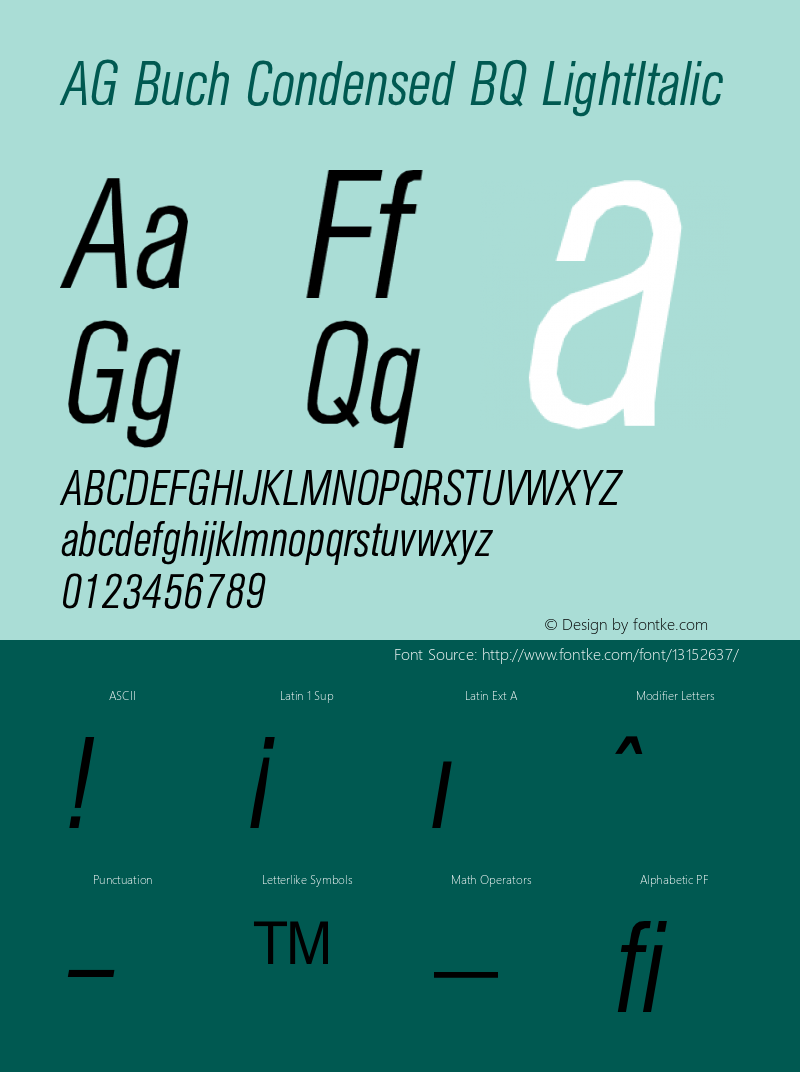 AG Buch Condensed BQ LightItalic Version 001.000 Font Sample