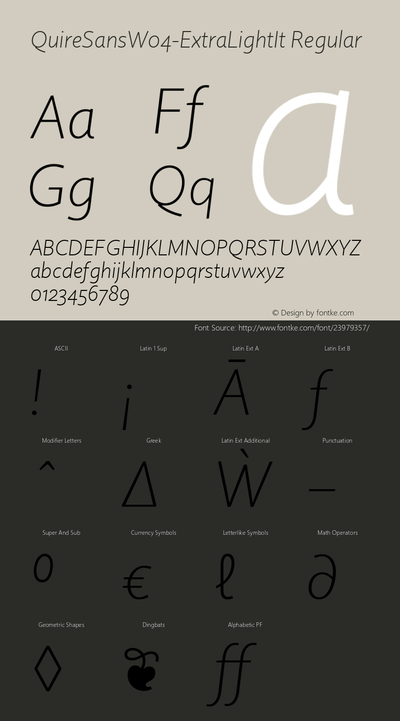 Quire Sans W04 ExtraLight It Version 1.00 Font Sample