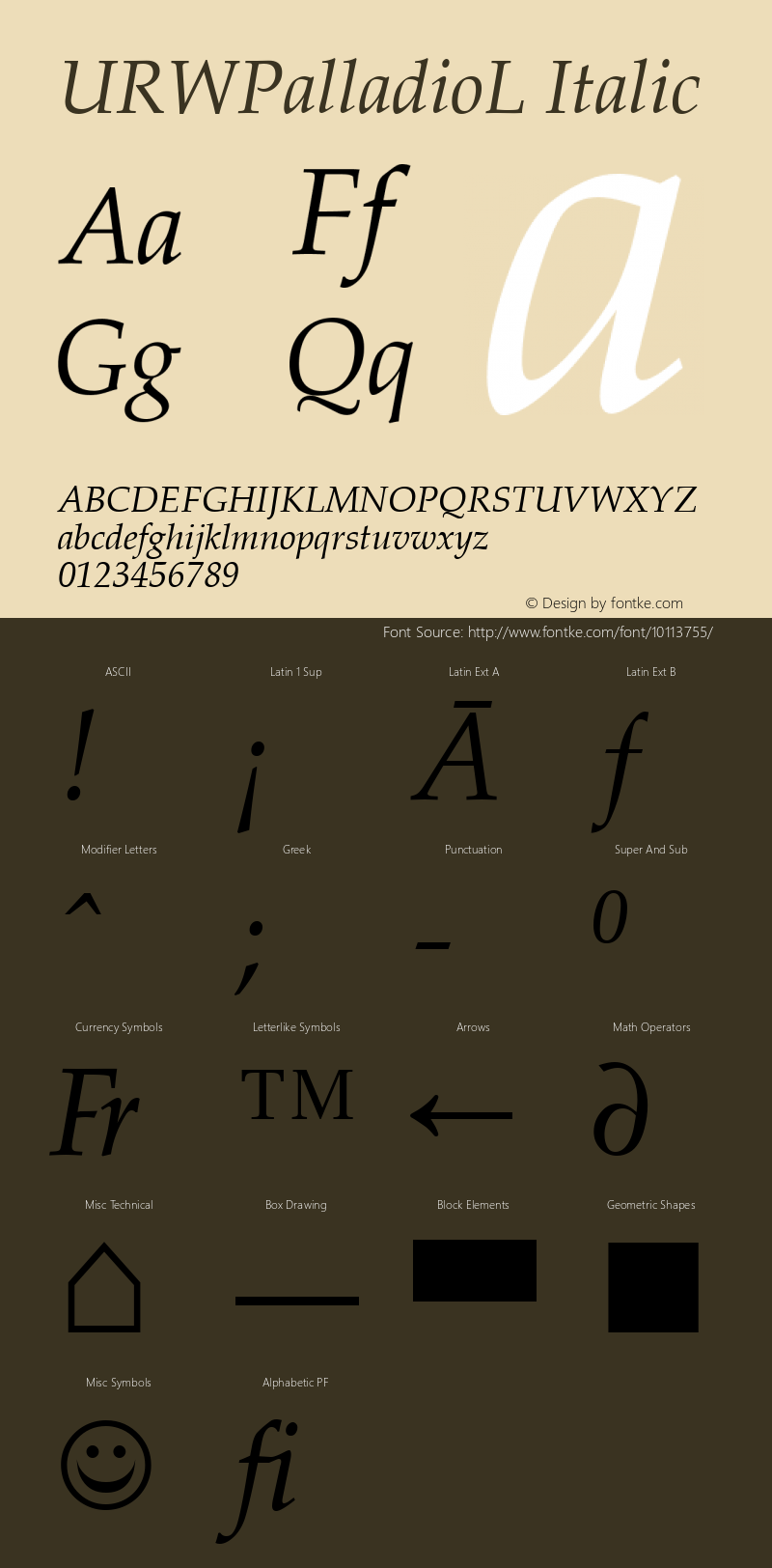 URWPalladioL Italic Version 1.05 Font Sample