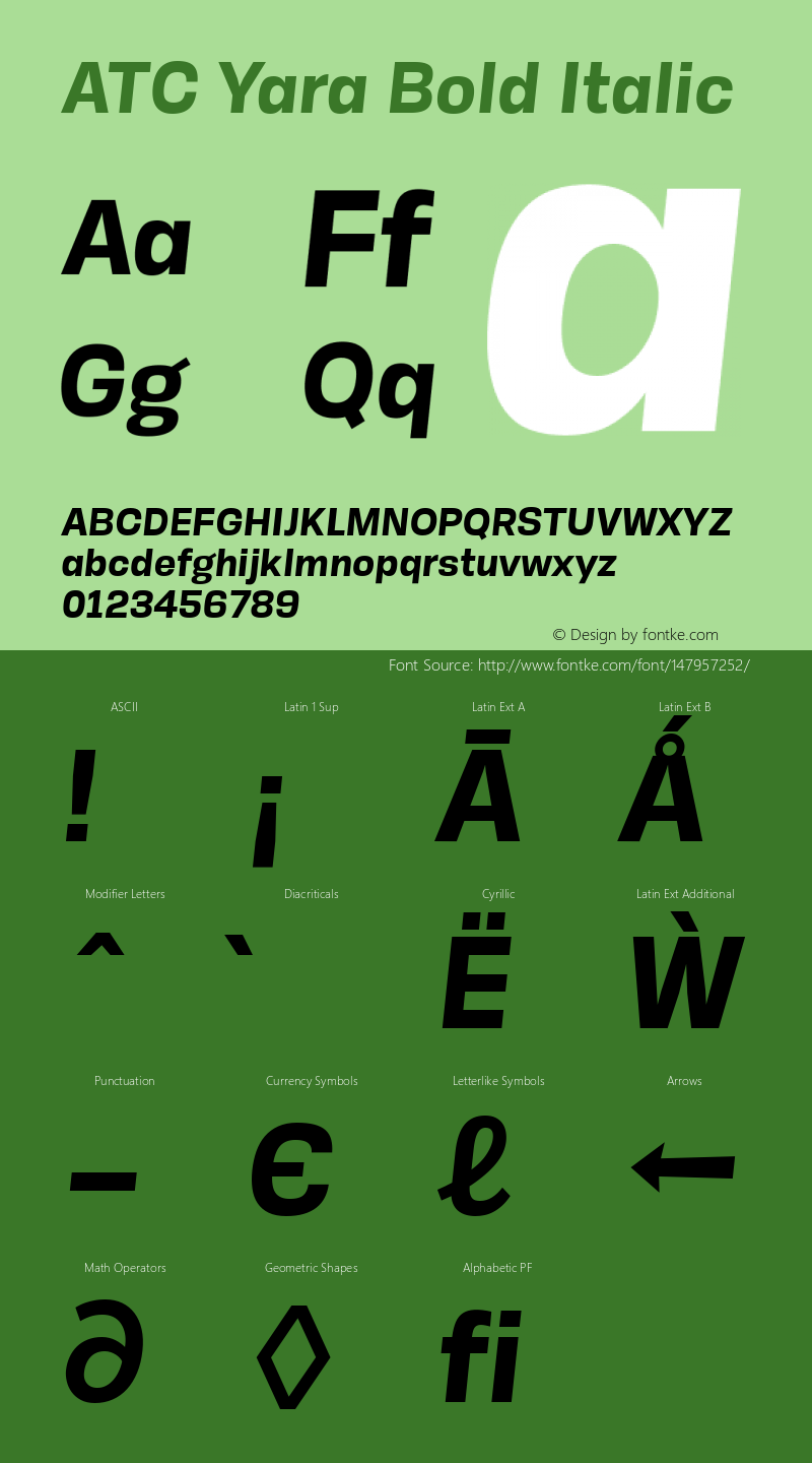 ATC Yara Bold Italic Version 1.002;PS 001.002;hotconv 1.0.88;makeotf.lib2.5.64775 Font Sample