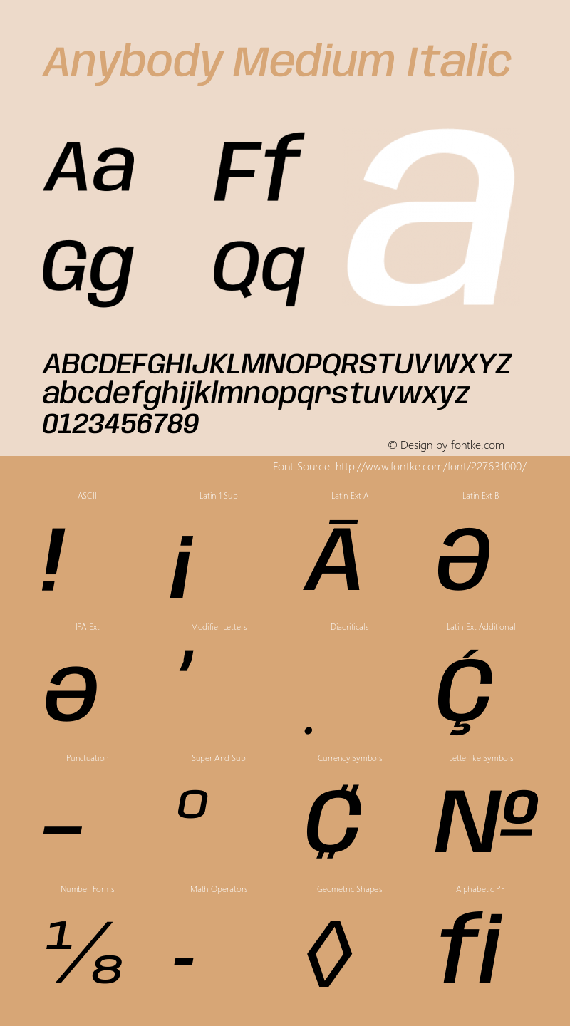 Anybody Medium Italic Version 1.111图片样张