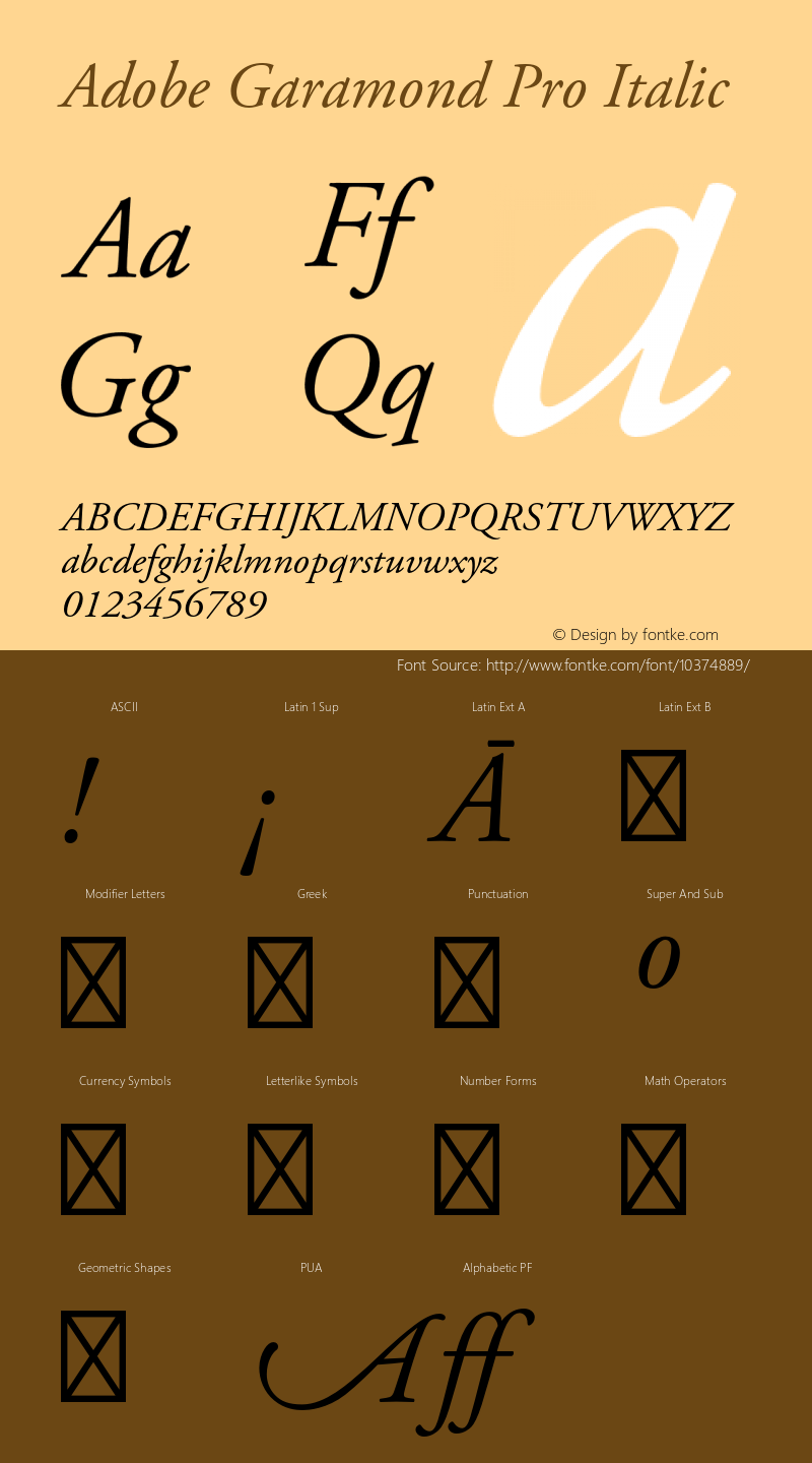 Adobe Garamond Pro Italic Version 2.074;PS 2.000;hotconv 1.0.57;makeotf.lib2.0.21895 Font Sample