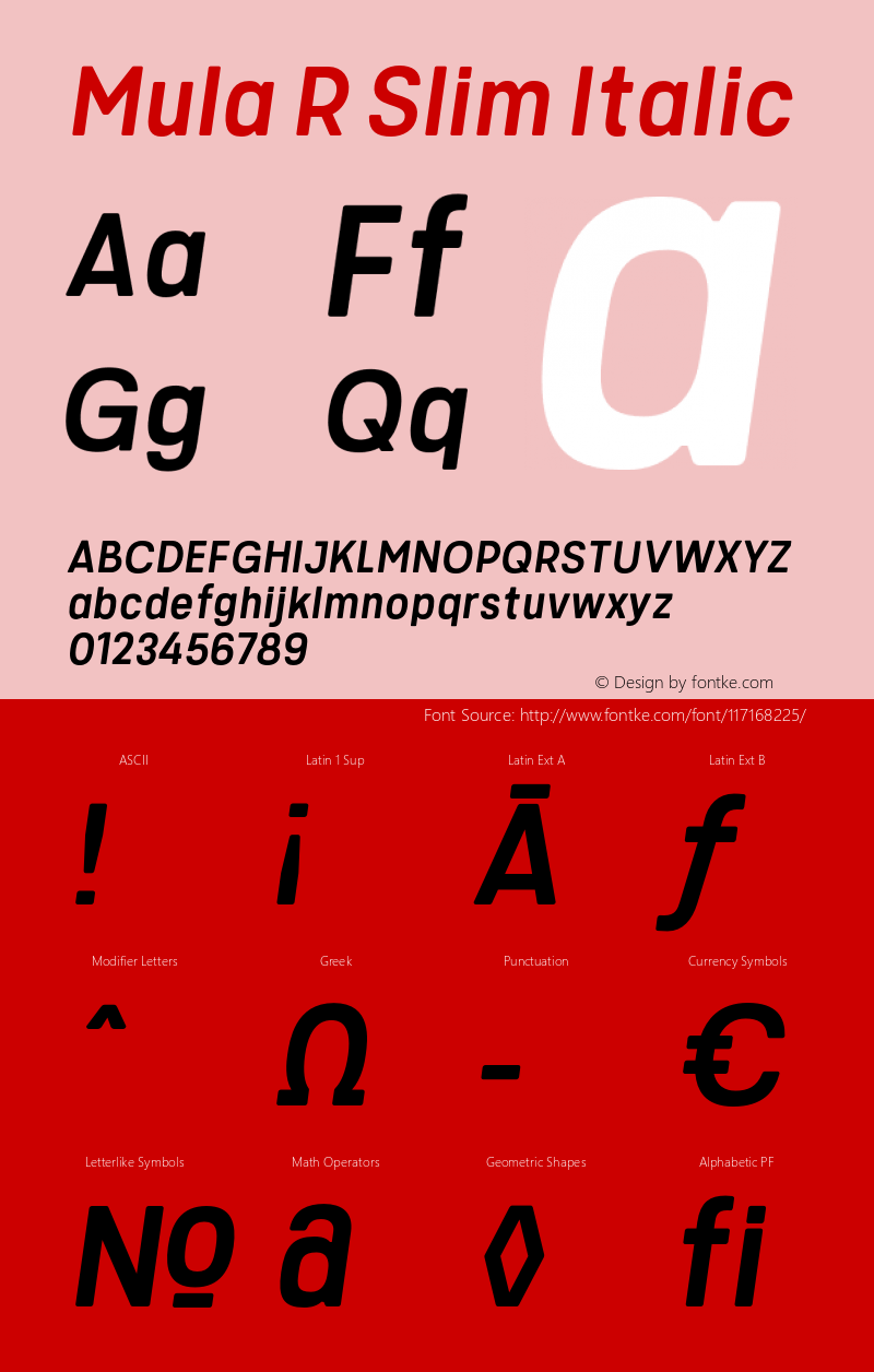 MulaRSlim-Italic Version 1.000 Font Sample