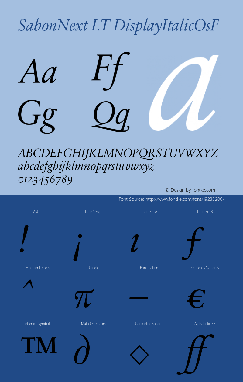 SabonNext LT Display Italic Old Style Figures Version 001.000 Font Sample