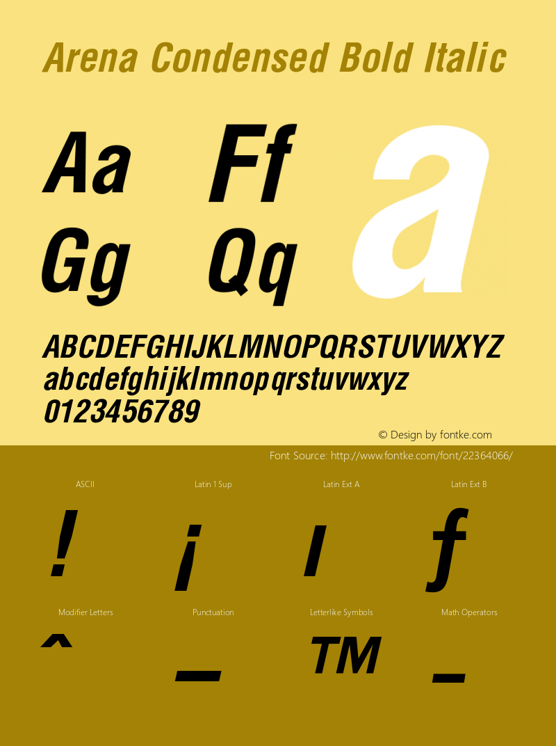 ArenaCondensedBoldItalic 001.000 Font Sample