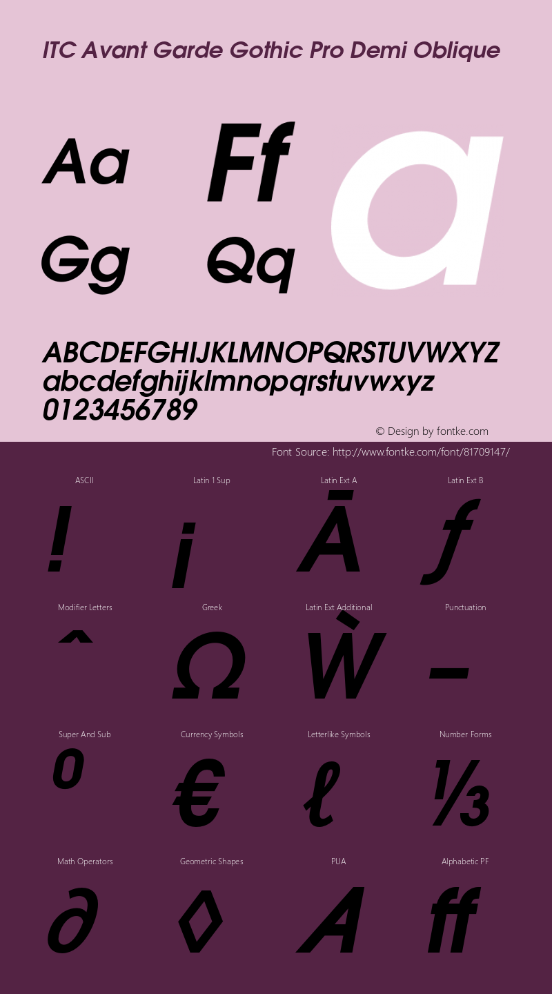 ITCAvantGardePro-DemiObl Version 2.000 Build 1000 Font Sample