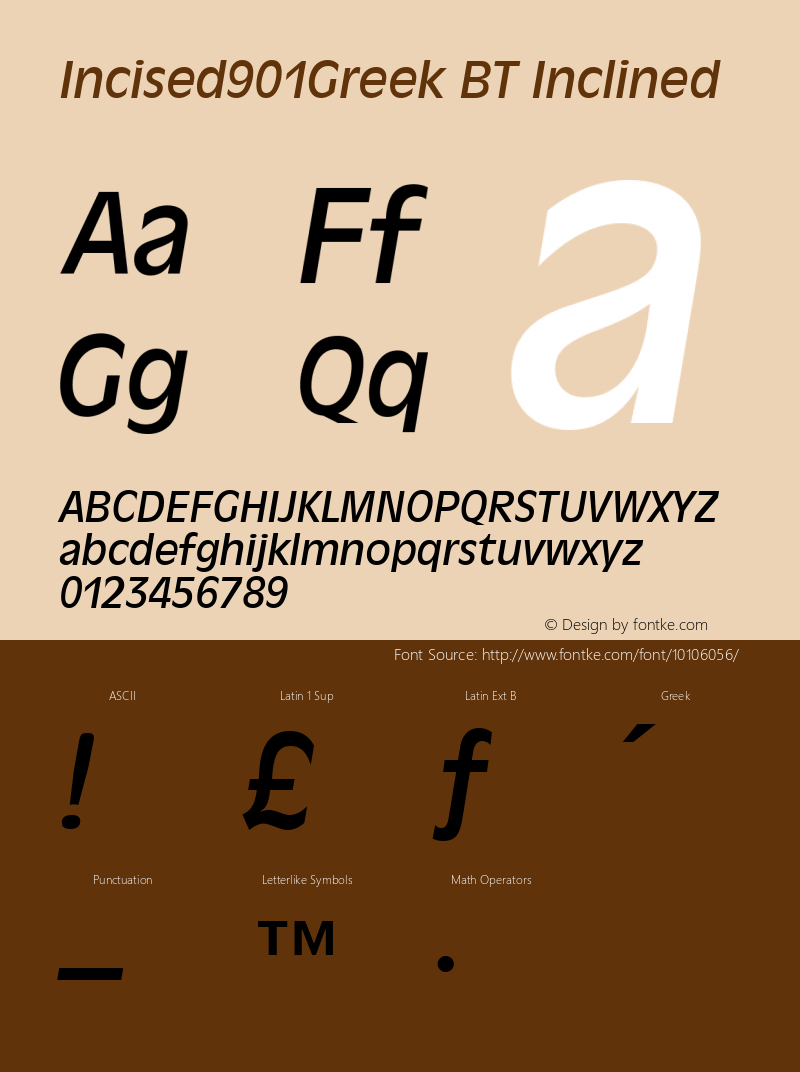 Incised901Greek BT Inclined mfgpctt-v1.82 Wed Jun 29 19:05:58 EDT 1994 Font Sample