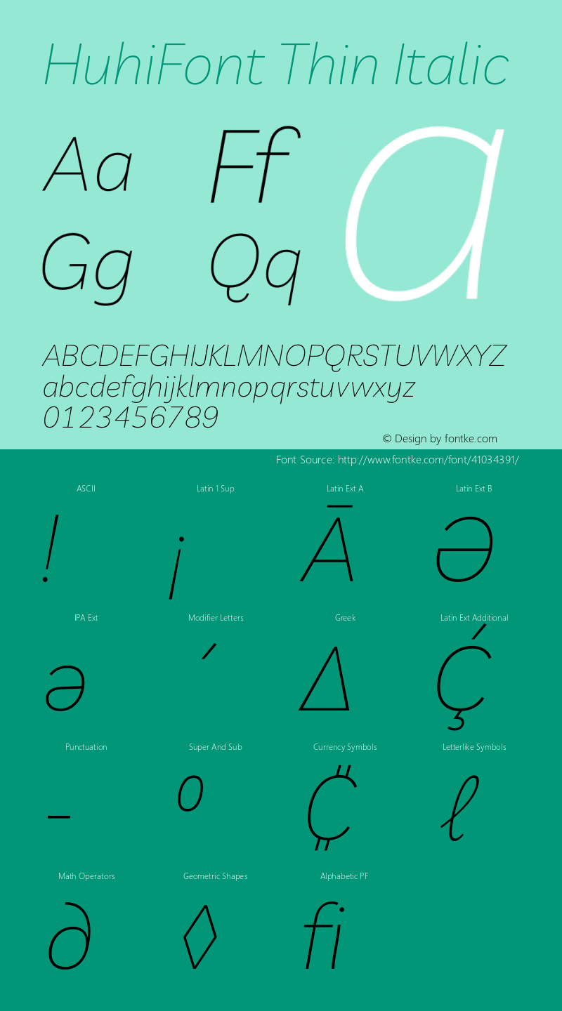 HuhiFont Thin Italic Version 1.001 Font Sample