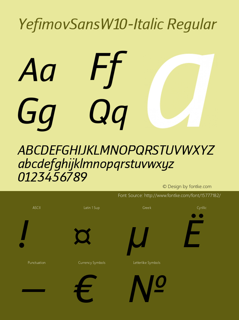 YefimovSansW10-Italic Regular Version 1.00 Font Sample