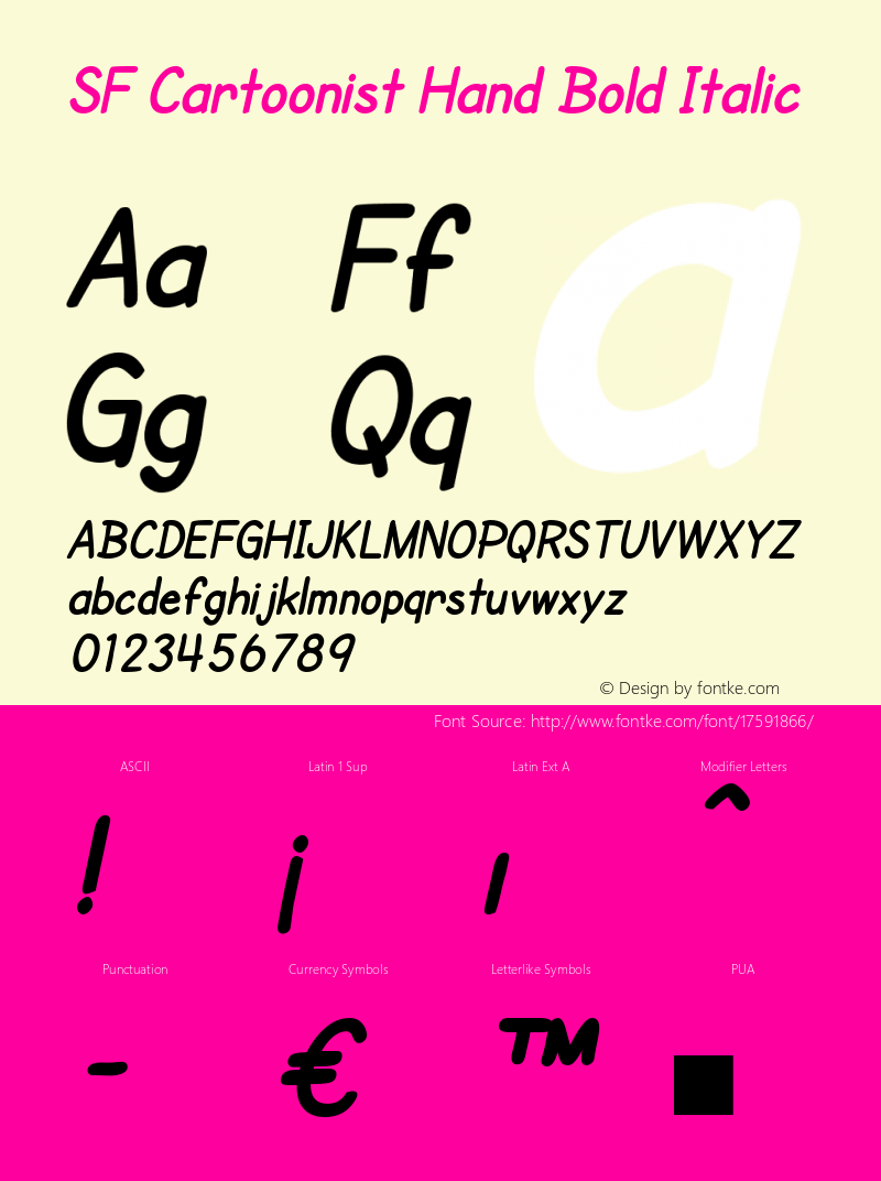 SF Cartoonist Hand Bold Italic ver 2.0; 2000. Freeware. Font Sample