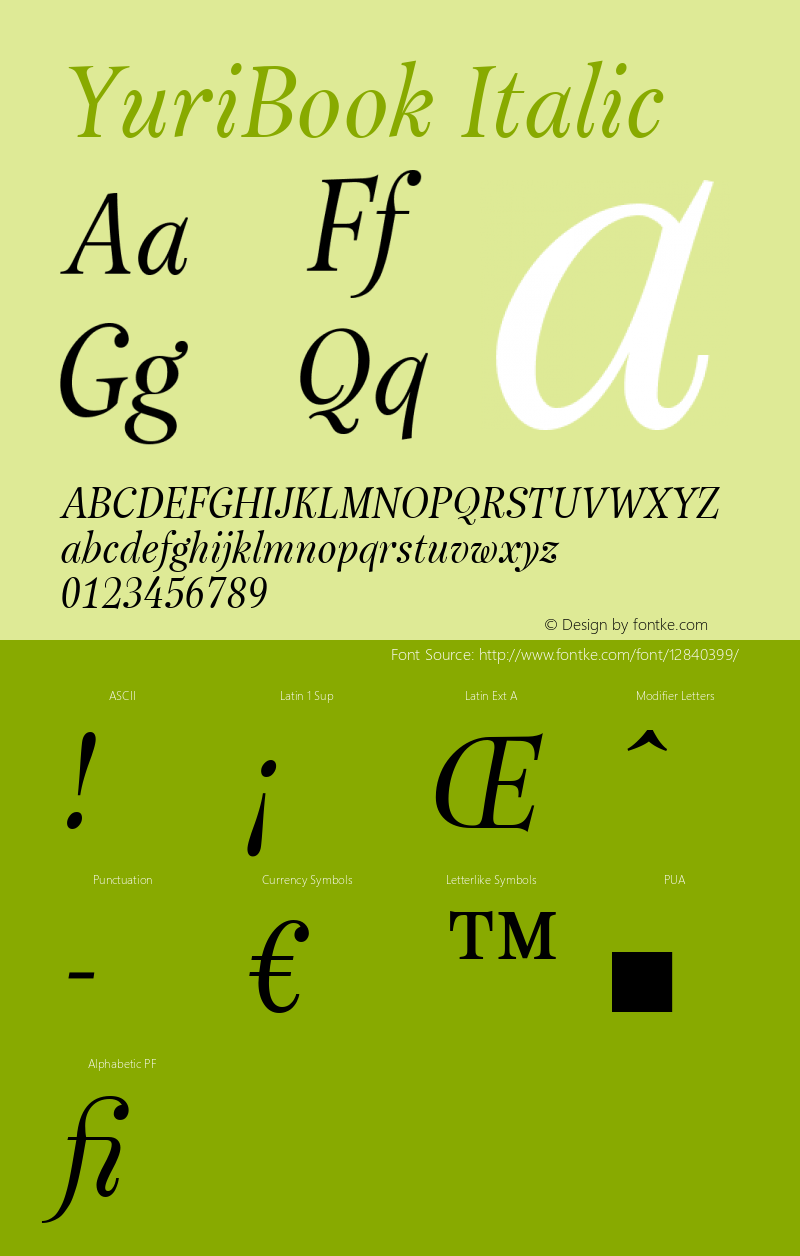 YuriBook Italic Version 1.000 Font Sample