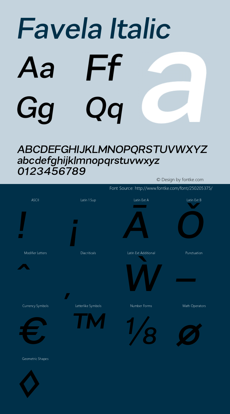 Favela Italic Version 1.000;PS 001.000;hotconv 1.0.88;makeotf.lib2.5.64775图片样张