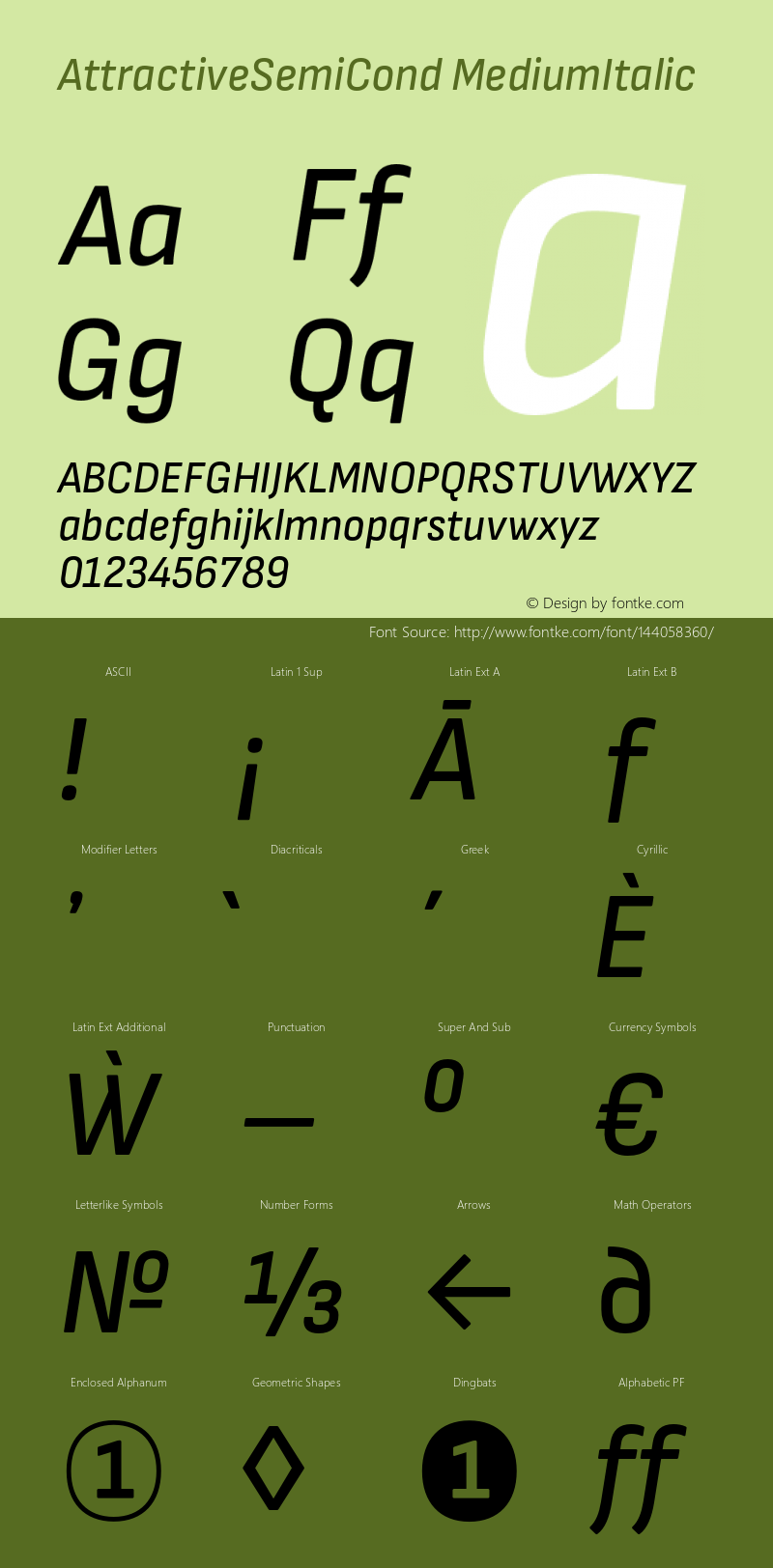 AttractiveSemiCond MediumItalic Version 3.001;PS 003.001;hotconv 1.0.88;makeotf.lib2.5.64775 Font Sample