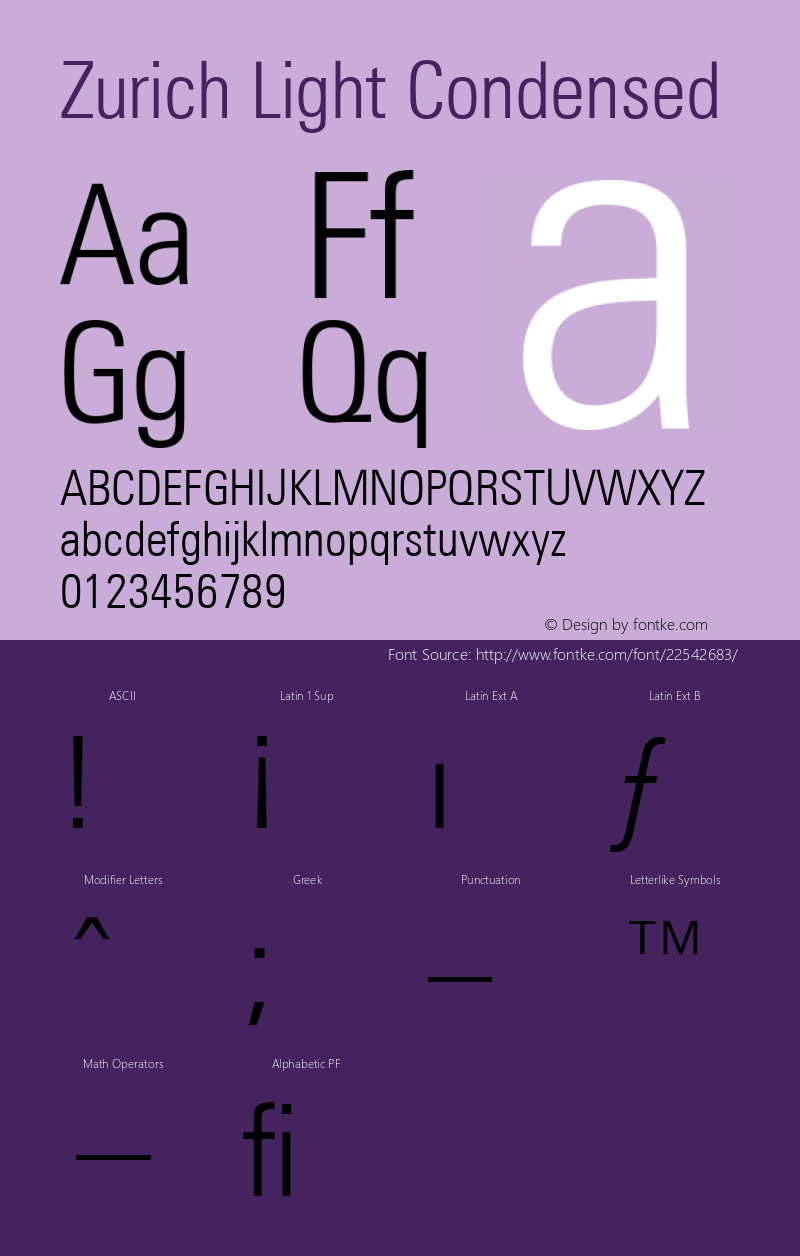 Zurich Light Condensed Version 003.001 Font Sample