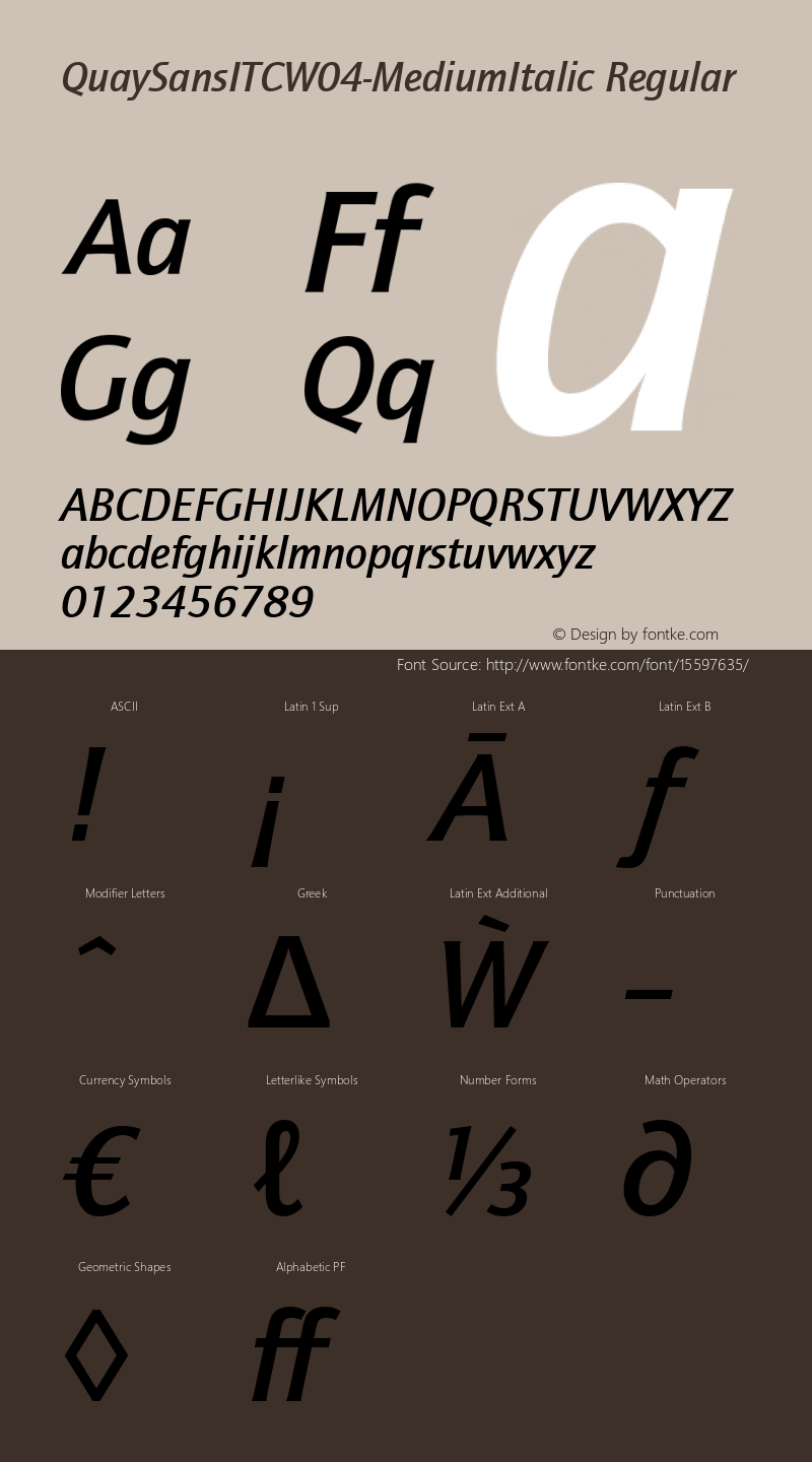 QuaySansITCW04-MediumItalic Regular Version 2.00 Font Sample