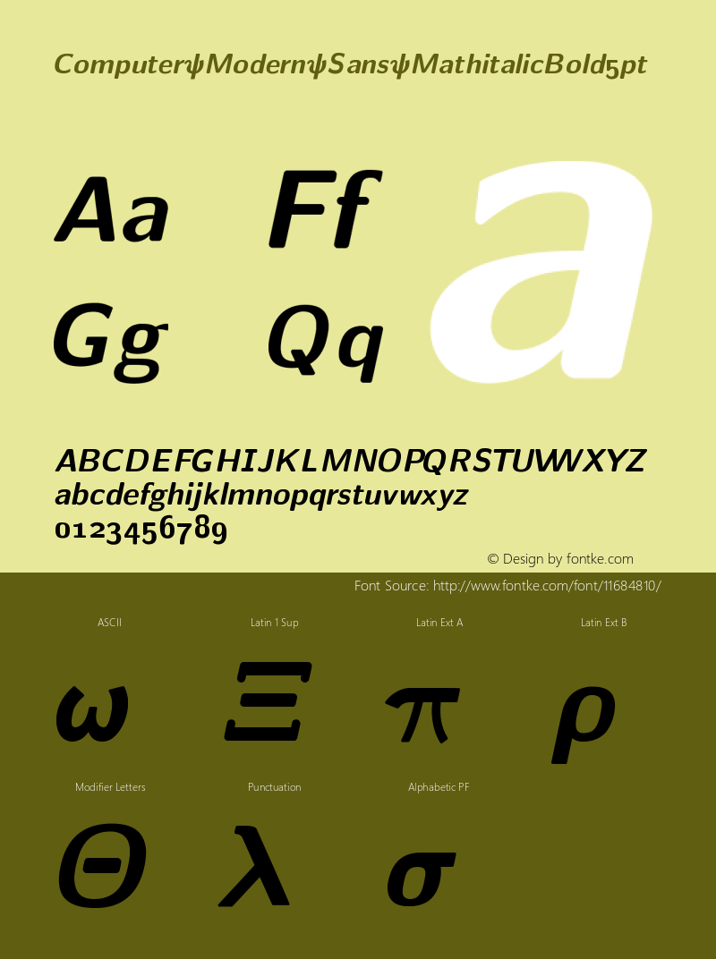 Computer Modern Sans MathitalicBold5pt Version 001.001 Font Sample