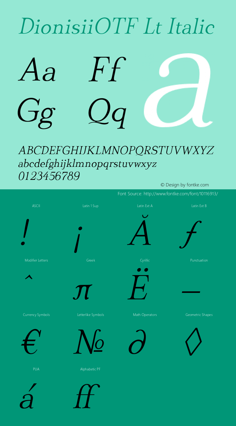 DionisiiOTF Lt Italic OTF 1.100;PS 001.001;Core 1.0.34 Font Sample