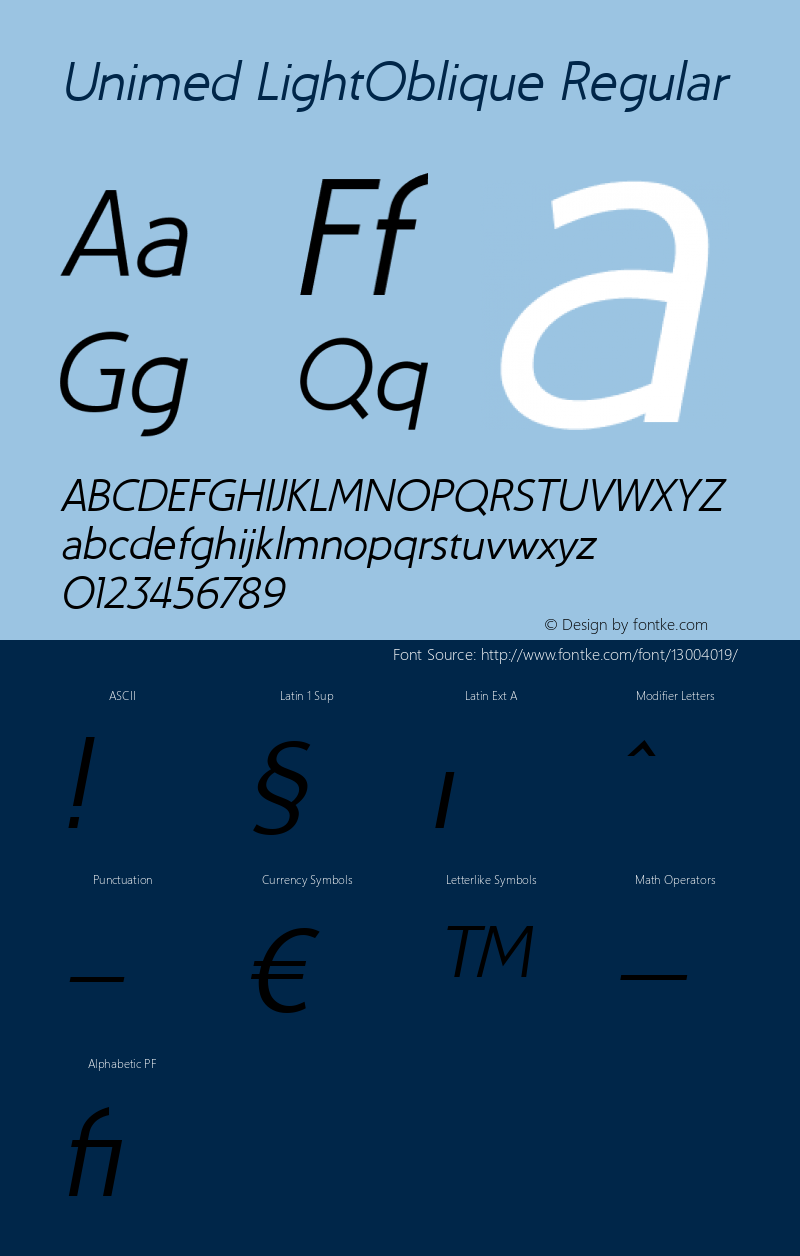 Unimed LightOblique Regular Version 001.000 Font Sample