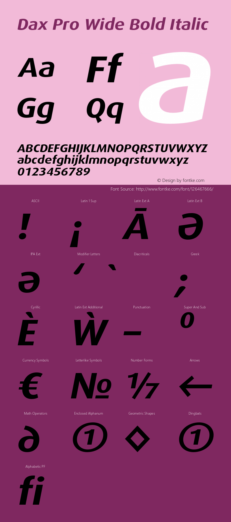 Dax Pro Wide Bold Italic Version 7.504; 2006; Build 1022 Font Sample