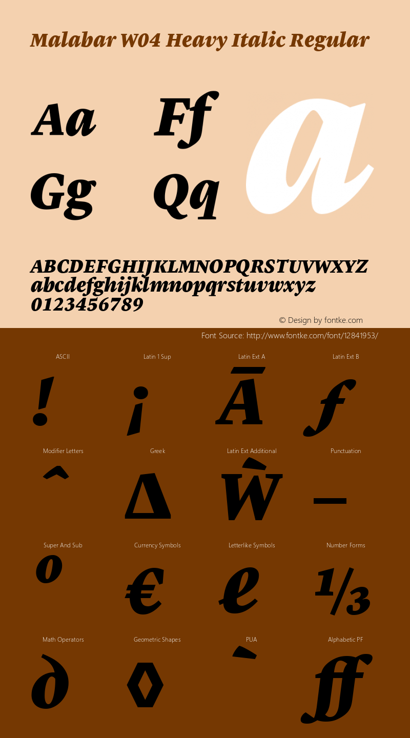 Malabar W04 Heavy Italic Regular Version 1.00 Font Sample