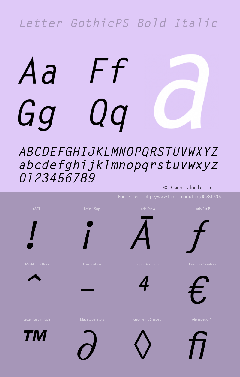 Letter GothicPS Bold Italic Version 1.0 Font Sample