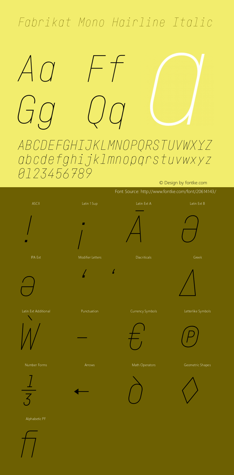 Fabrikat Mono Hairline Italic Version 2.001 Font Sample