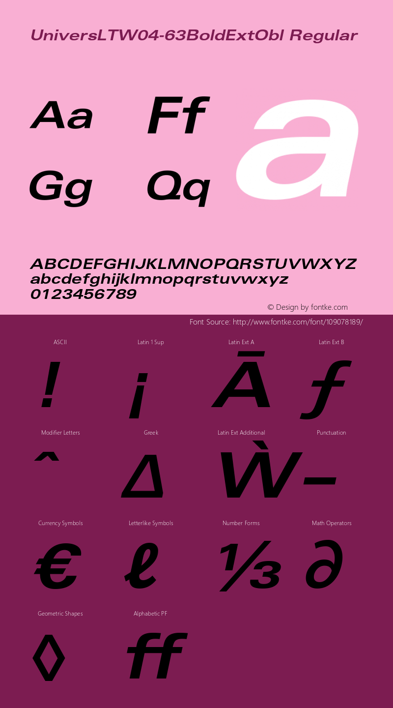 Univers LT W04 63 Bold Ext Obl Version 1.00 Font Sample