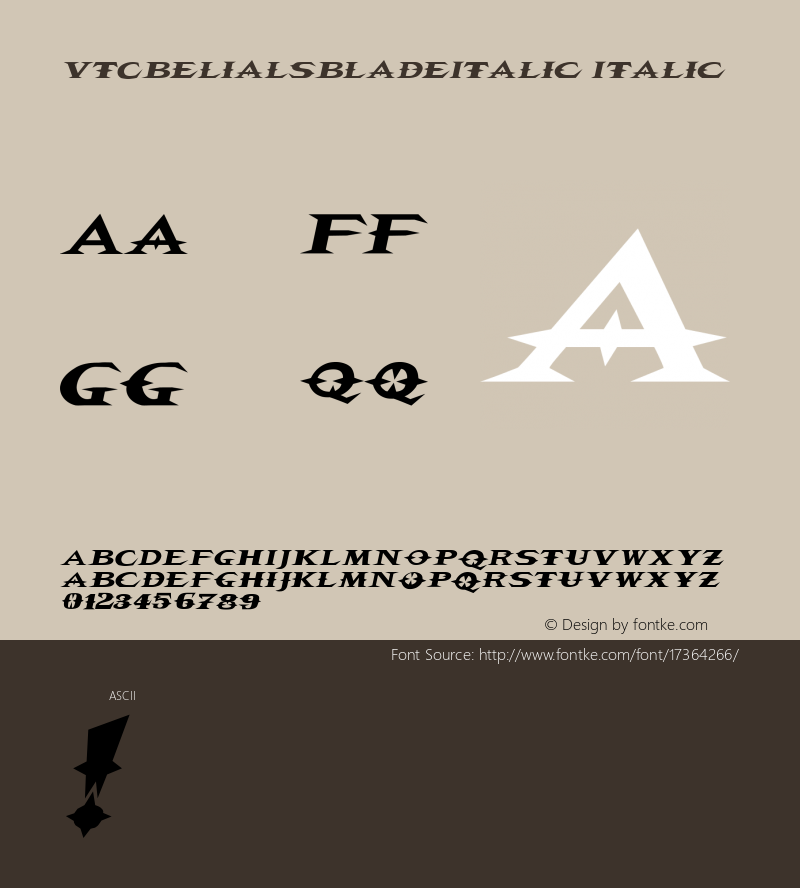 VTCBelialsBladeItalic Italic 1999; 1.0, initial release Font Sample