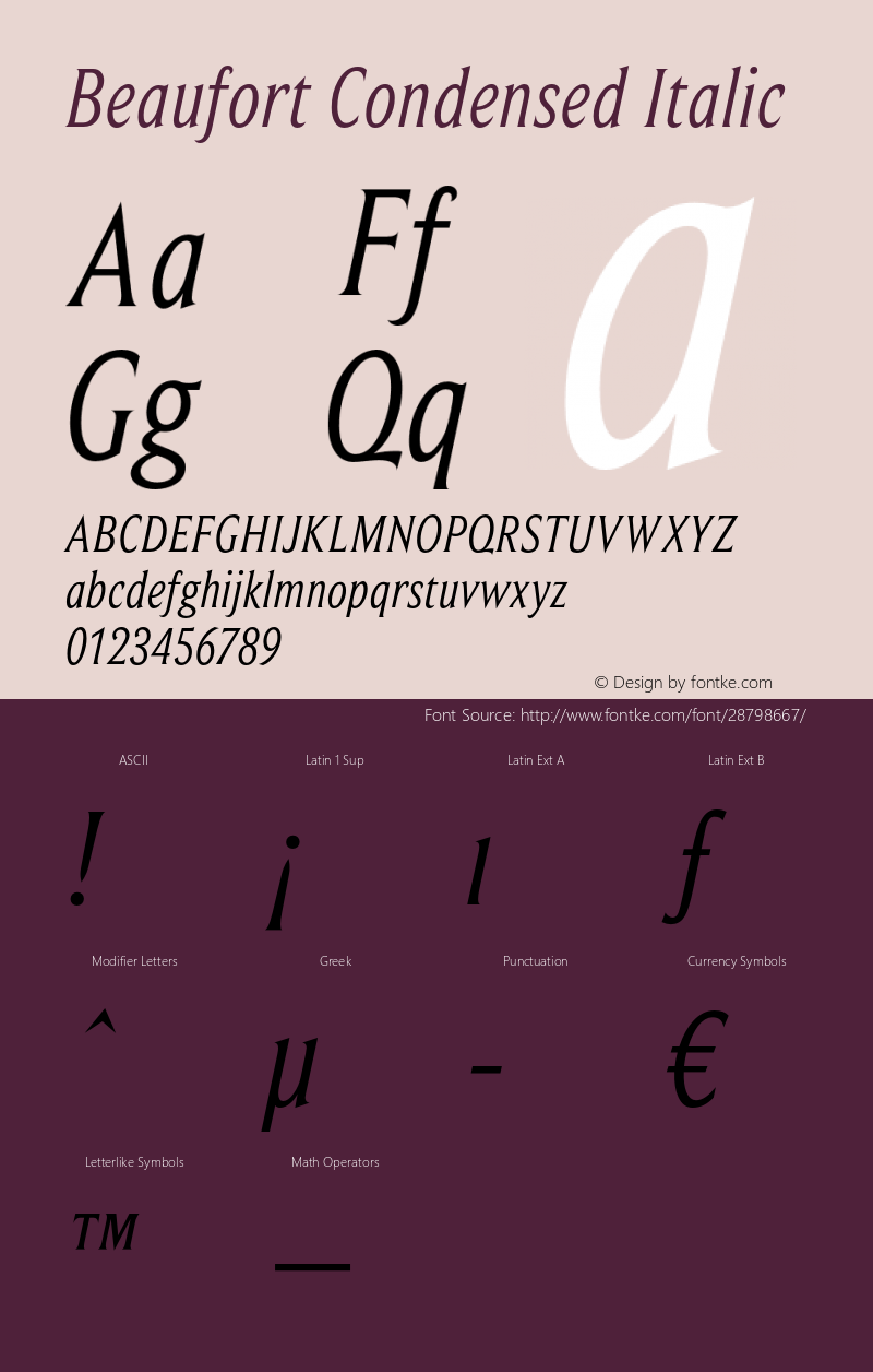 Beaufort-CondensedItalic Version 2.02 Font Sample
