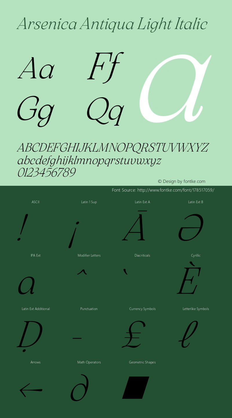 Arsenica Antiqua Light Italic Version 0.003;hotconv 1.0.109;makeotfexe 2.5.65596图片样张