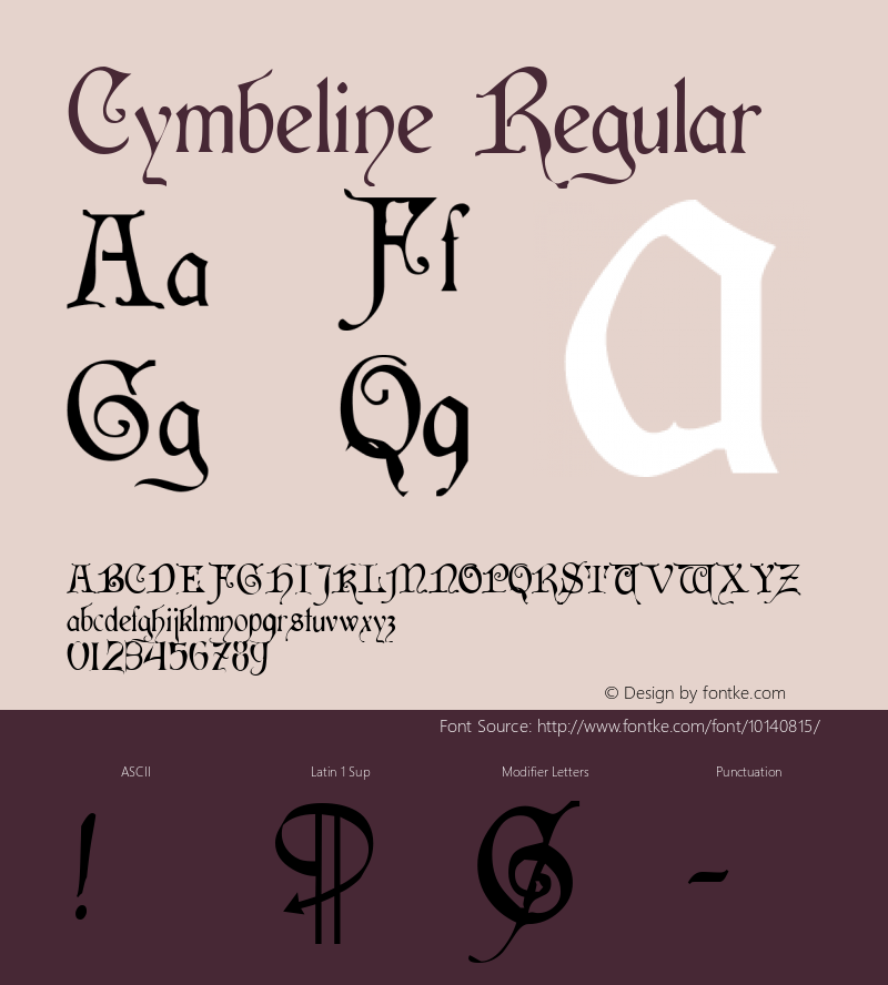 Cymbeline Regular Macromedia Fontographer 4.1 26/04/2005 Font Sample