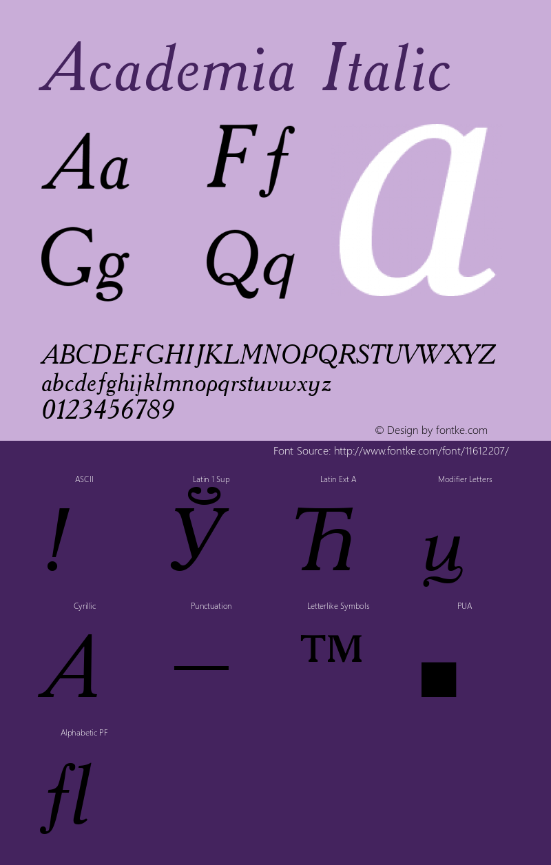 Academia Italic Version < Font Sample