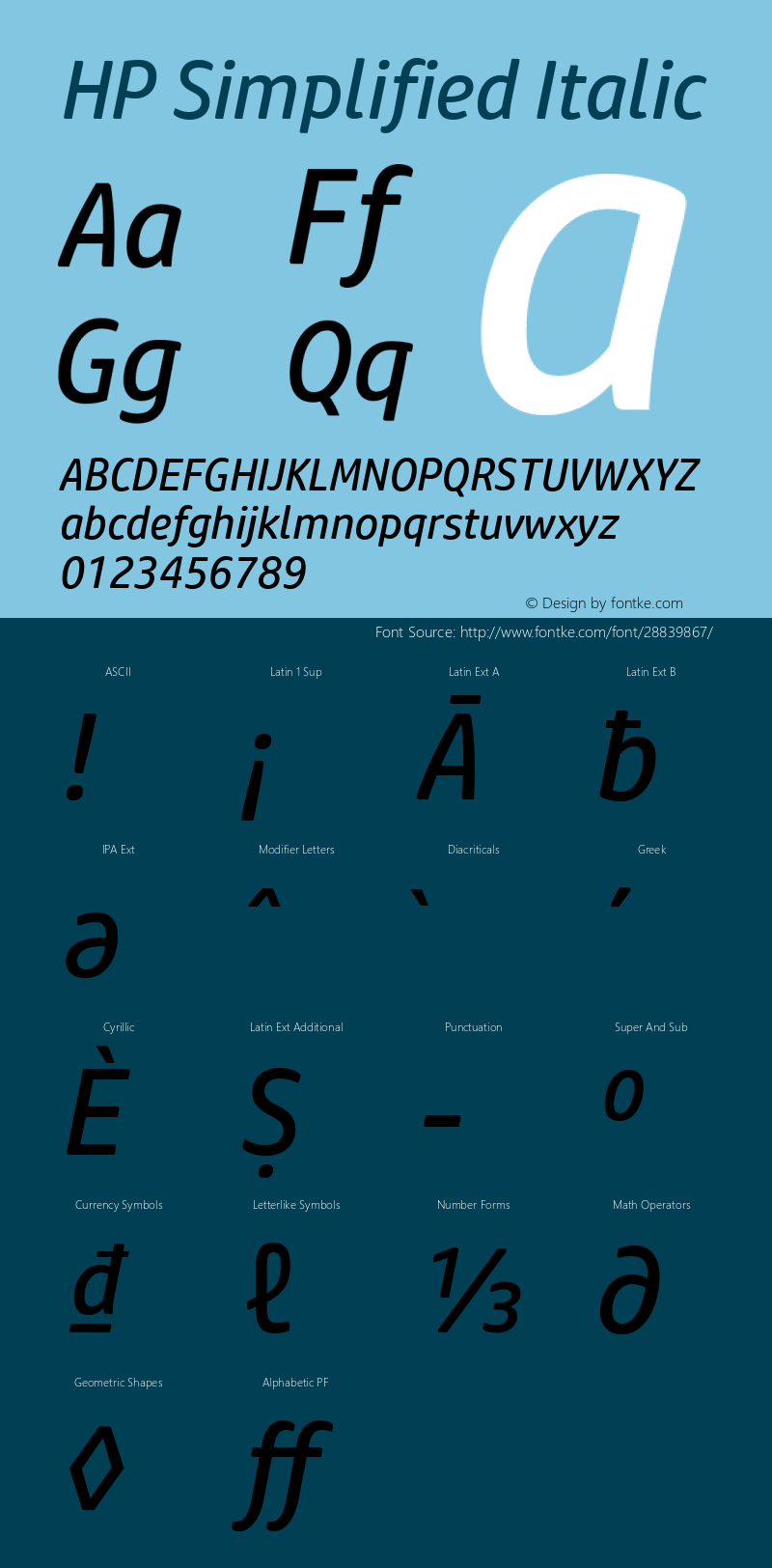 HP Simplified Italic Version 2.001 Font Sample