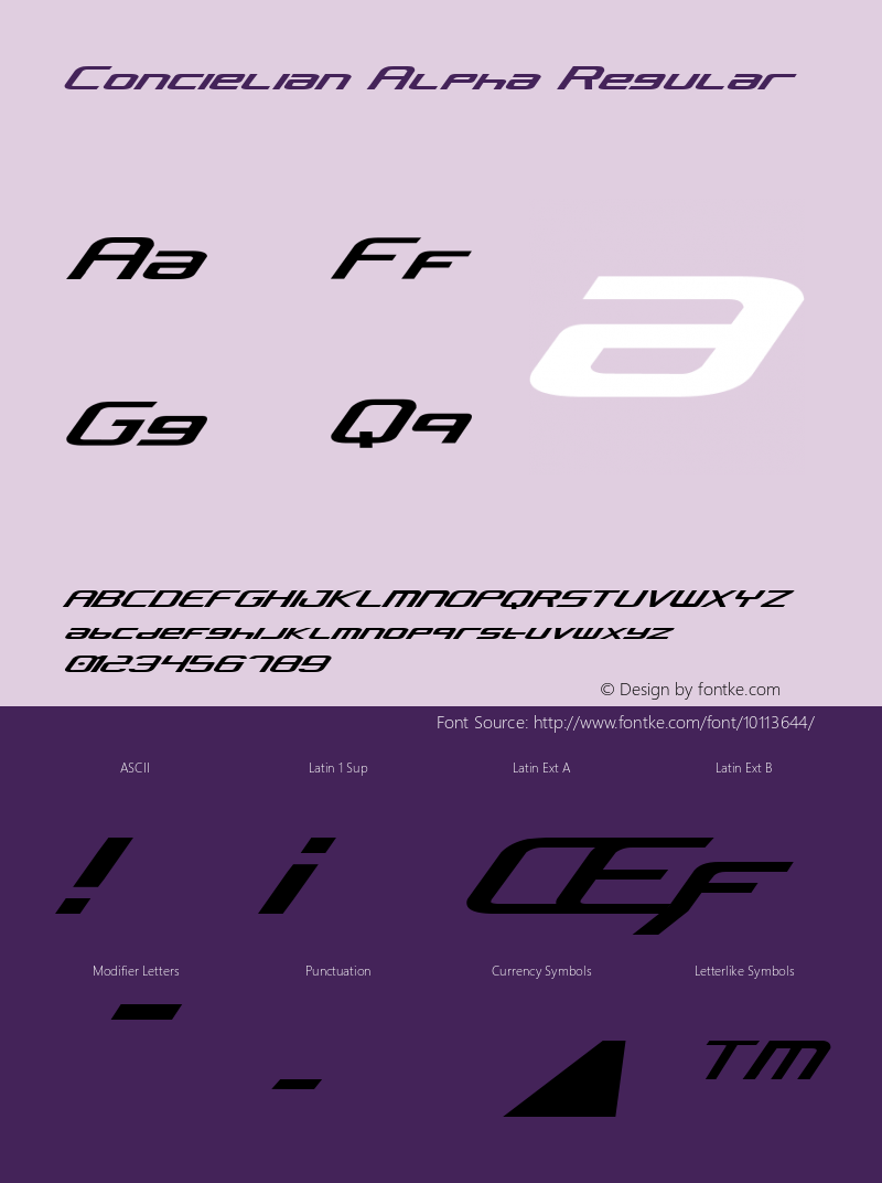 Concielian Alpha Regular Version 2.0; 2003; initial release Font Sample