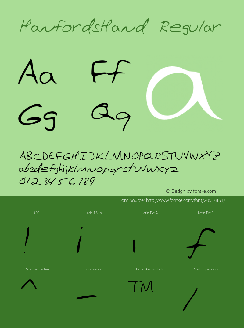 HanfordsHand Regular Altsys Fontographer 3.5  8/24/95 Font Sample