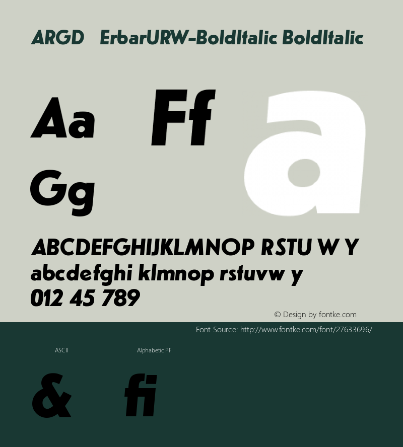 ARGDXQ+ErbarURW-BoldItalic Version 1.0 Font Sample