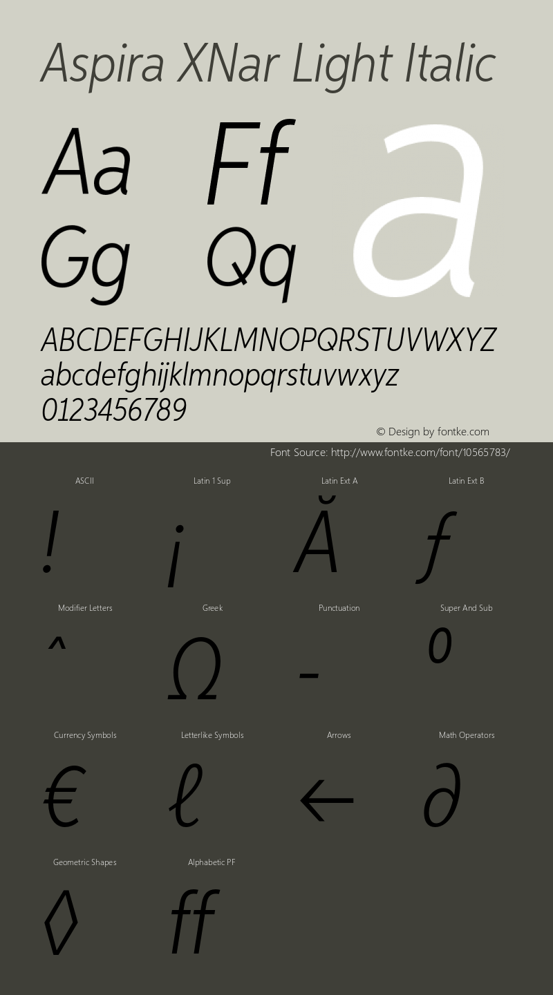 Aspira XNar Light Italic Version 1.05          UltraPrecision Font Font Sample