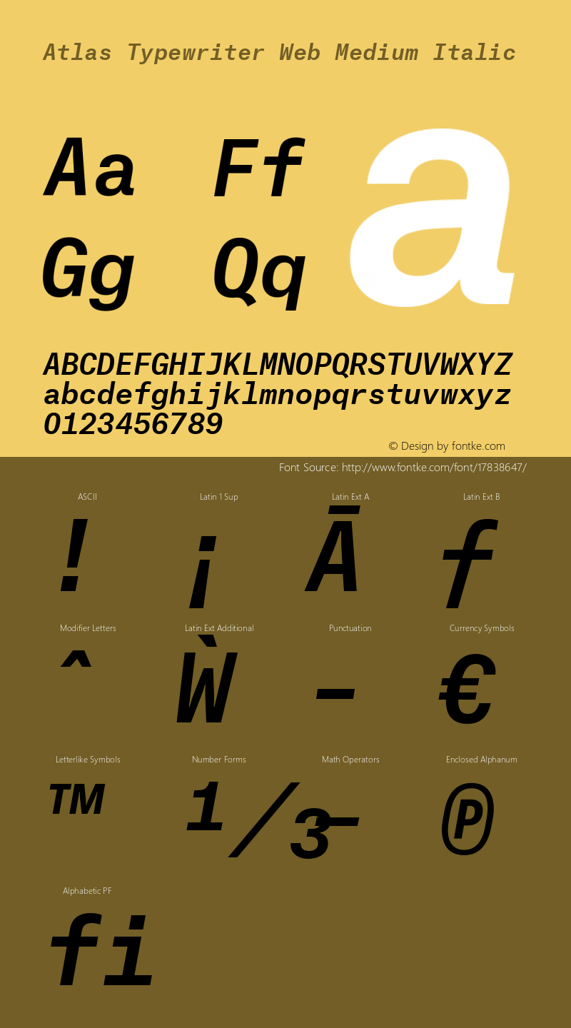 Atlas Typewriter Web Medium Italic Version 1.001 2012 Font Sample