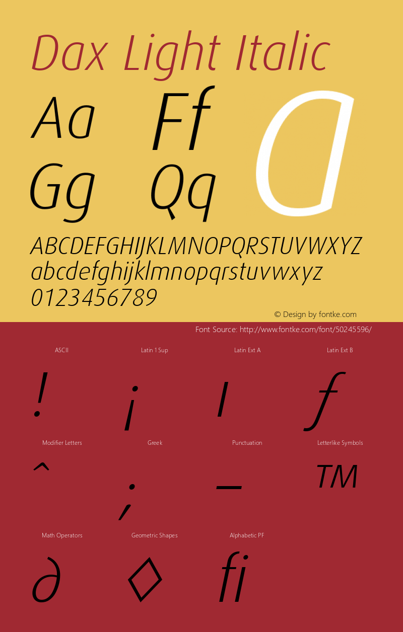 Dax-LightItalic Version 001.000 Font Sample