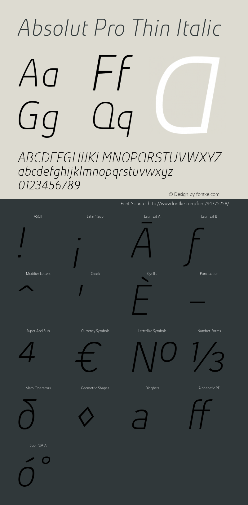 Absolut Pro Thin Italic 5.005 Font Sample