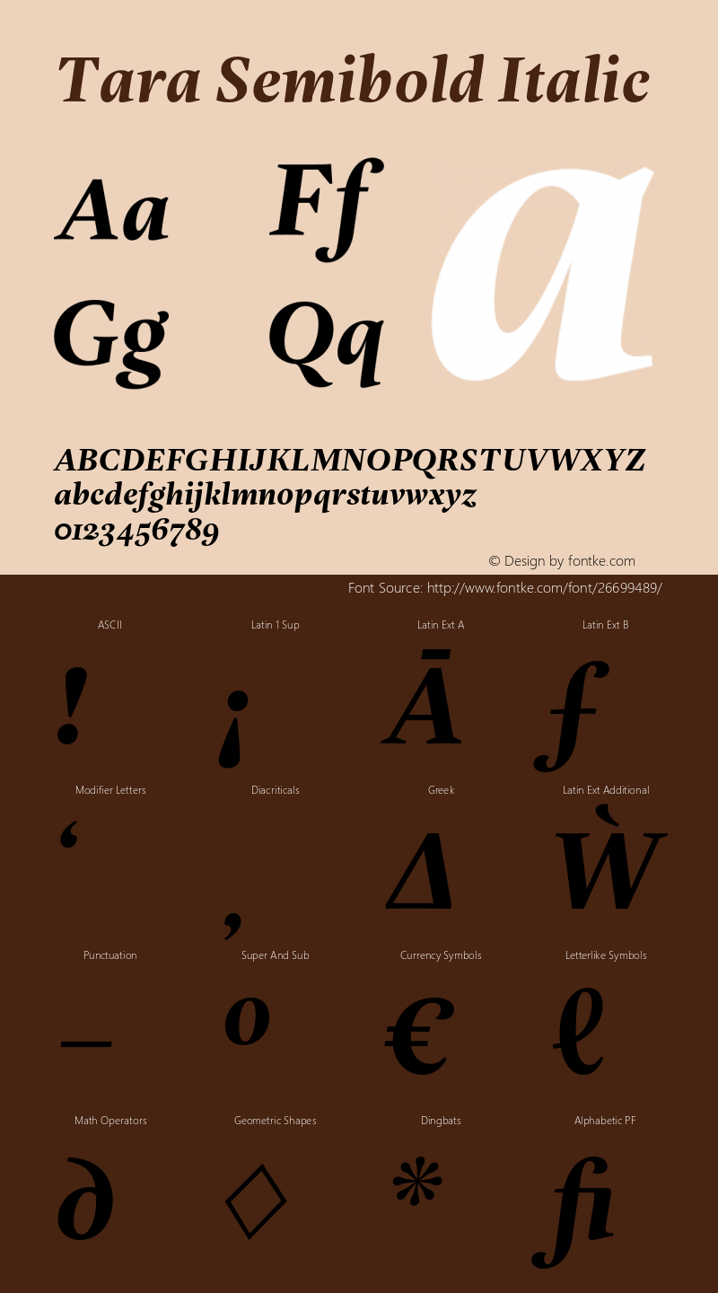 Tara Semibold Italic Version 1.0 Font Sample